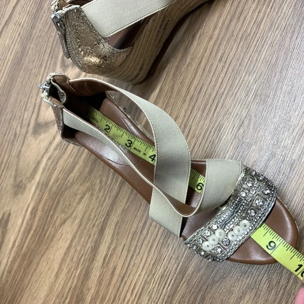 Donald Pliner Espadrille‎ Wedge Shoes 6.5 M Ankle Strap Sandals Beige Sequin